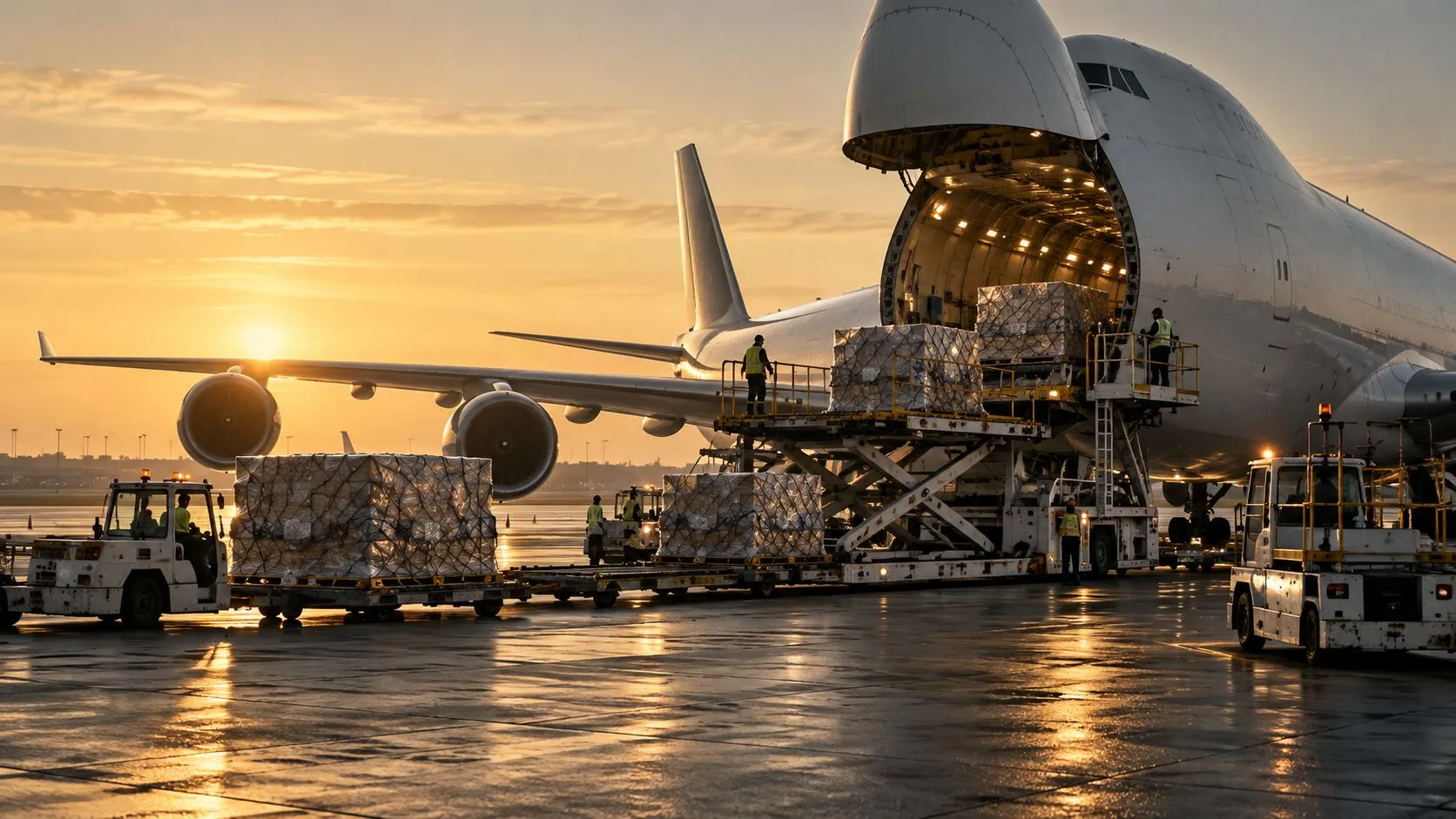 Carregamento de paletes num avião de carga no pátio